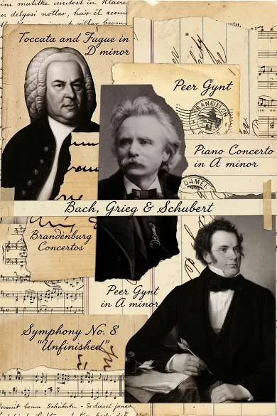 Bach, Grieg ve Schubert portrelerinden kolaj